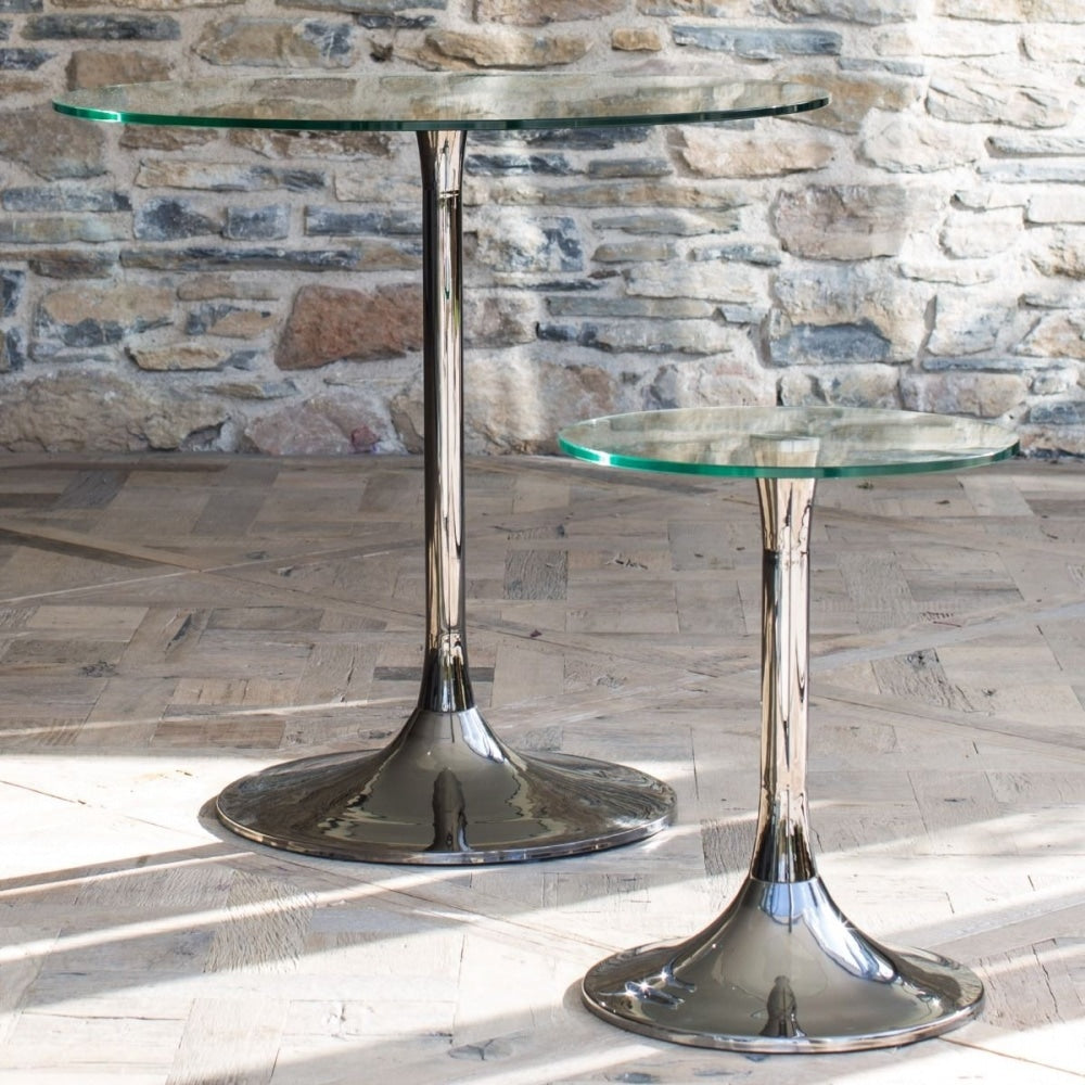 Pedestal Large Dining Table Black Glass and Smoked Chrome