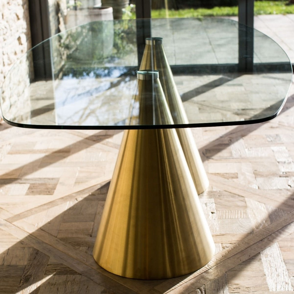 Rectangular Clear Glass Dining Table with Conical Brass Base