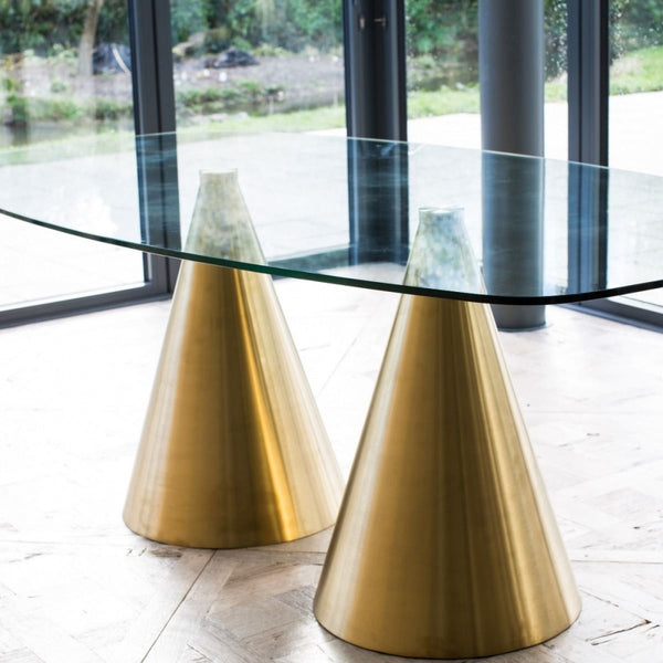 Rectangular Clear Glass Dining Table with Conical Brass Base