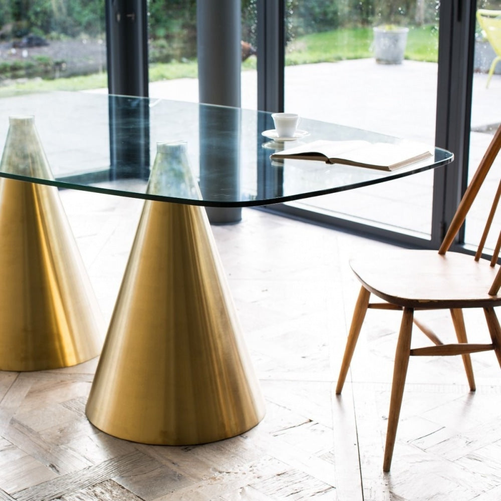 Rectangular Clear Glass Dining Table with Conical Brass Base