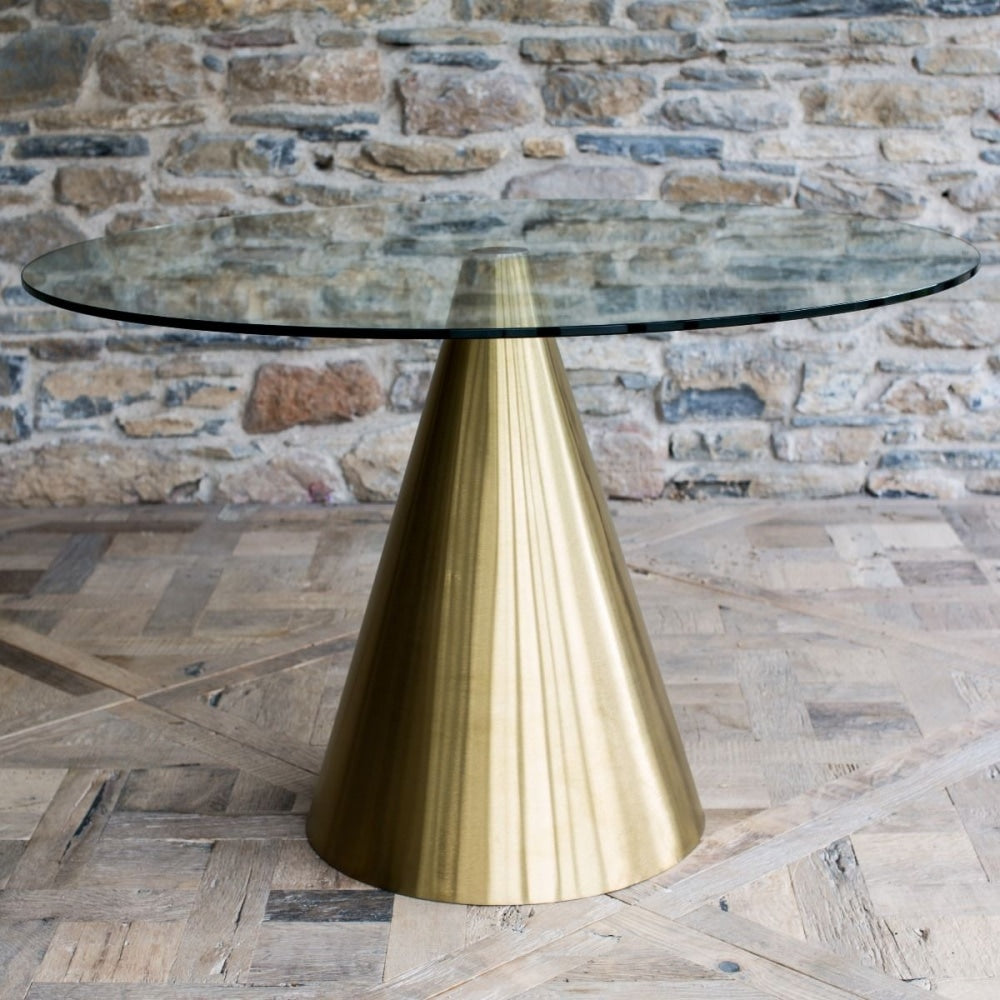 Round Clear Glass Dining Table with Conical Brass Base