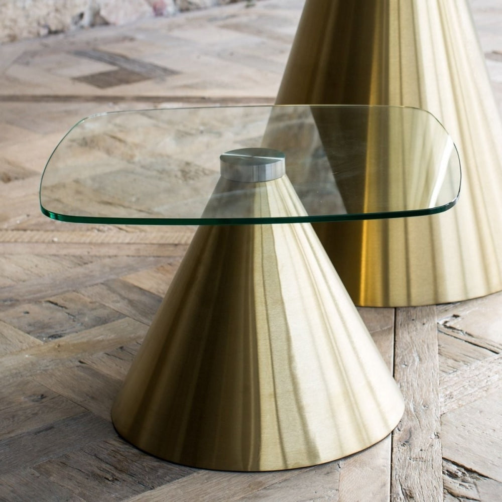 Square Clear Glass Side Table with Conical Brass Base
