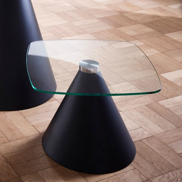 Square Clear Glass Side Table with Conical Brass Base