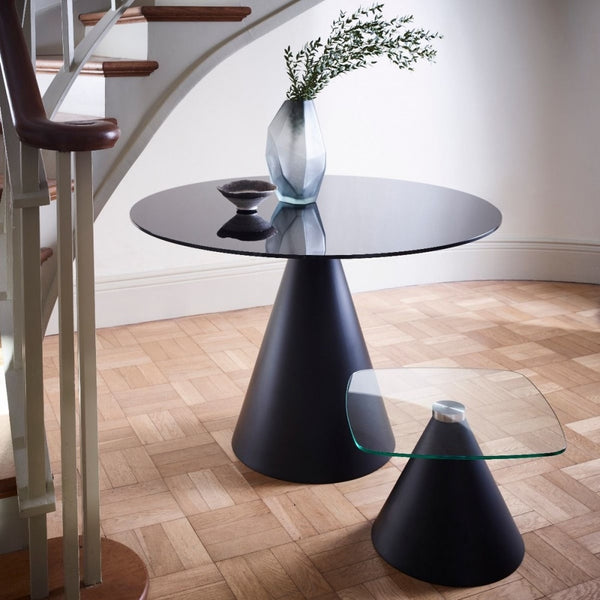 Square Clear Glass Side Table with Conical Brass Base