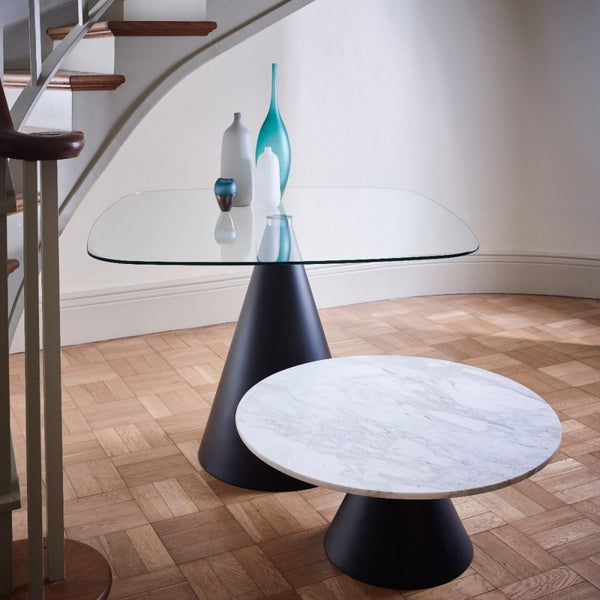 Large Round Clear Glass Dining Table with Conical Black Base