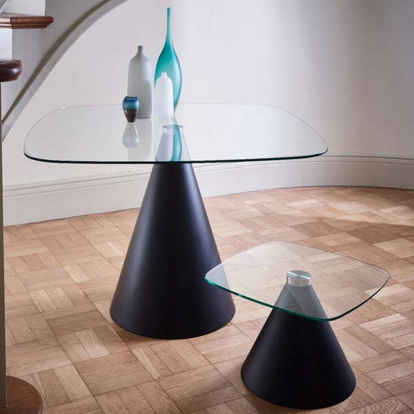 Rectangular Clear Glass Dining Table with Conical Black Base