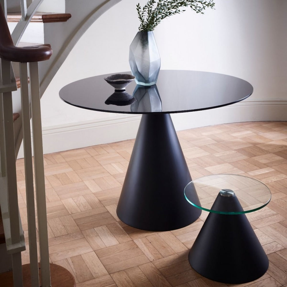 Round Clear Glass Side Table with Conical Black Base