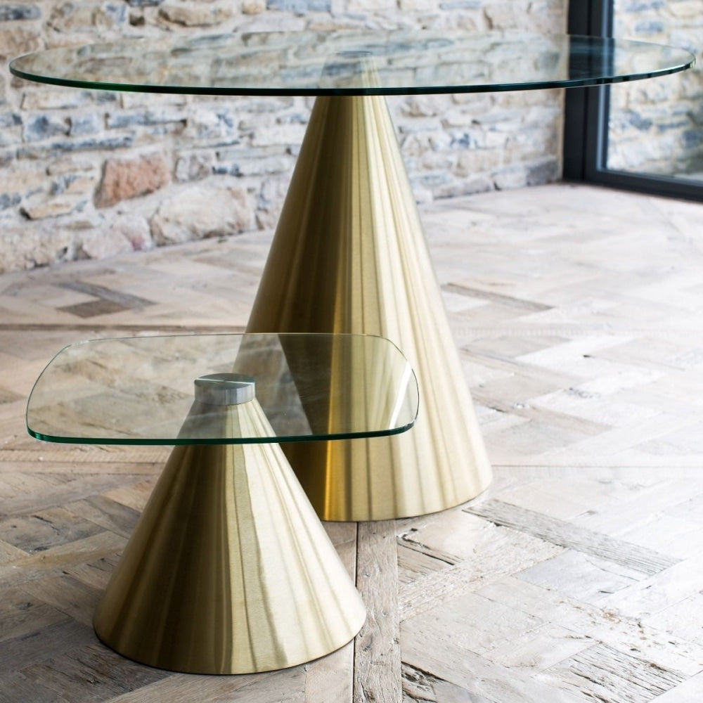 Round Clear Glass Side Table with Conical Brass Base