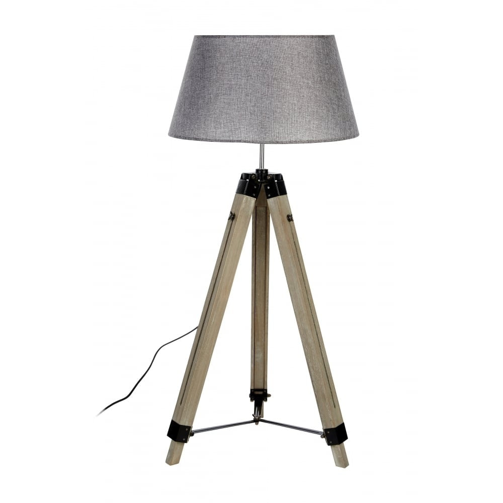 Grey Wood and Chrome Tripod Floor Standing Lamp