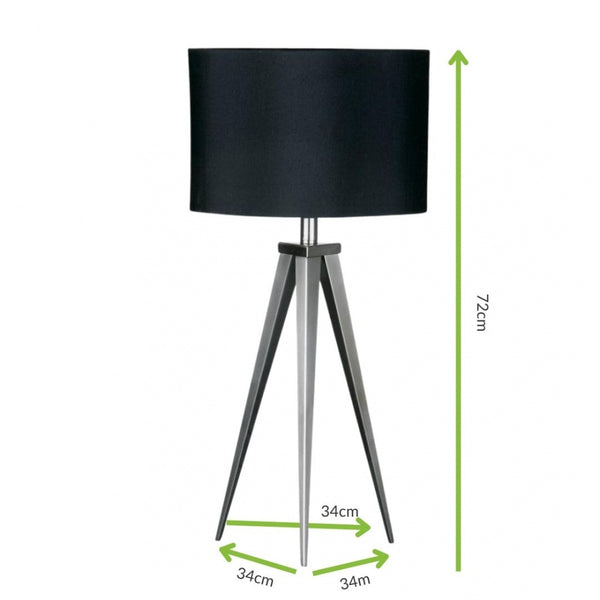 Satin Nickel Small Tripod Table Lamp with Black Shade