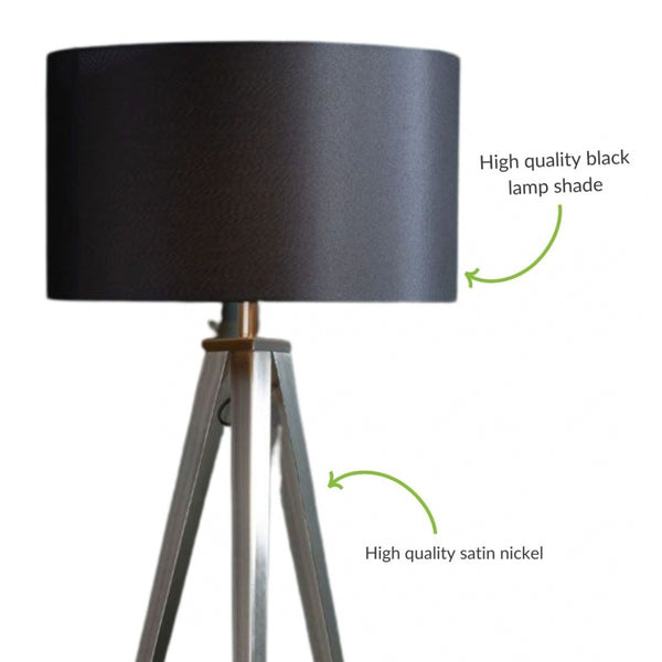 Satin Nickel Small Tripod Table Lamp with Black Shade