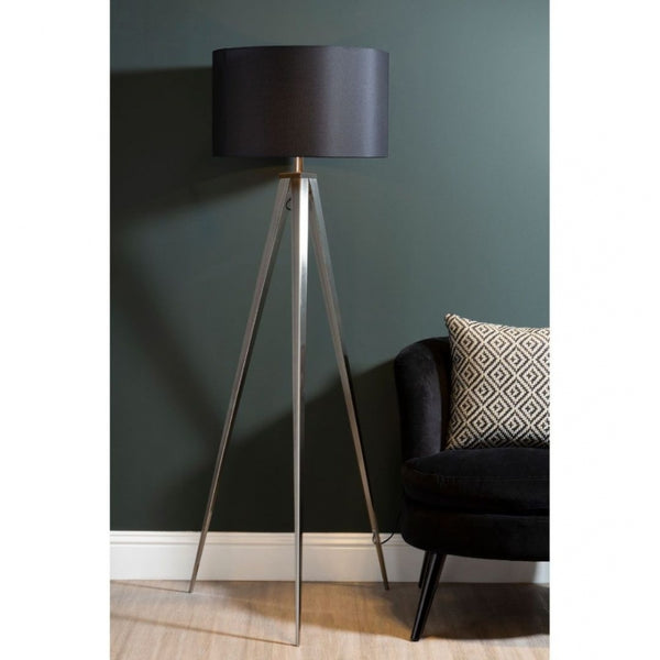 Satin Nickel Small Tripod Table Lamp with Black Shade