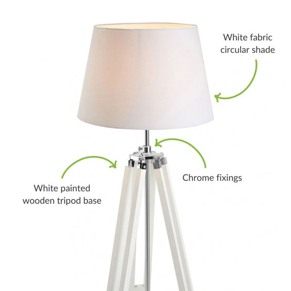 White Wood and Chrome Tripod Floor Standing Lamp