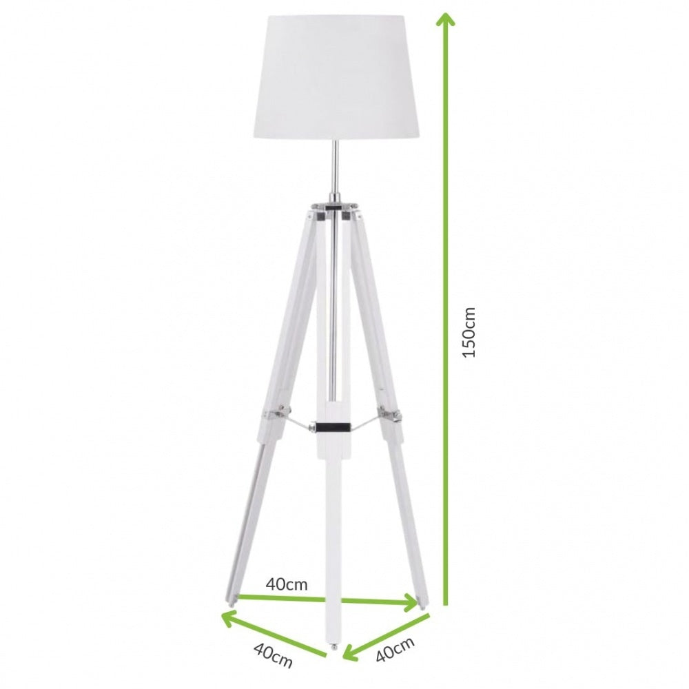 White Wood and Chrome Tripod Floor Standing Lamp