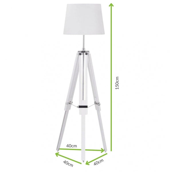White Wood and Chrome Tripod Floor Standing Lamp