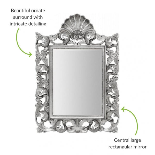 Large Silver Rectangular Mirror with Ornate Surround
