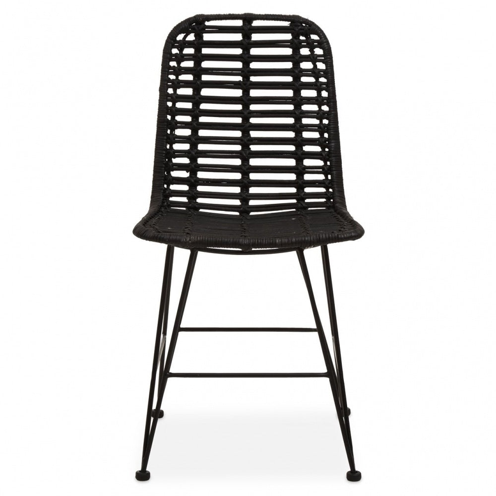 Black Natural Rattan Dining Chair With Black Metal Legs