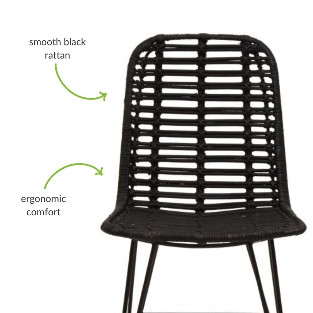 Black Natural Rattan Dining Chair With Black Metal Legs