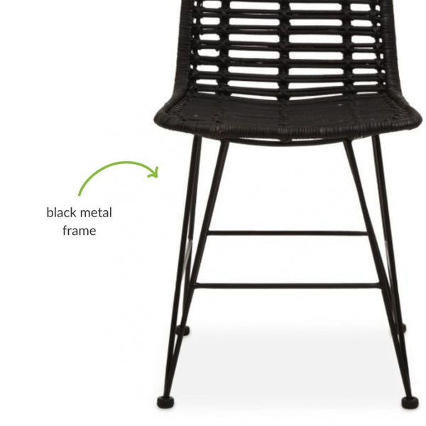Black Natural Rattan Dining Chair With Black Metal Legs