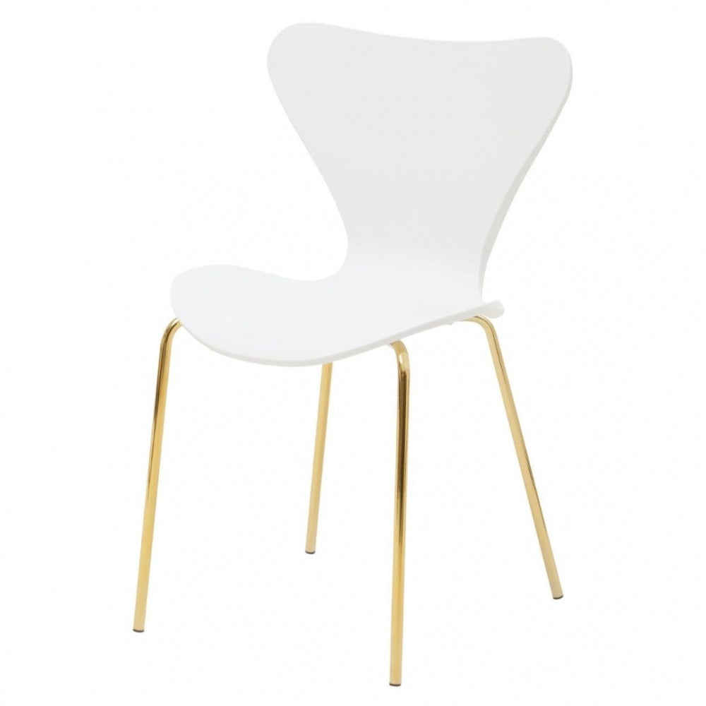 Luxe White Plastic Moulded Dining Chair With Gold Metal Legs