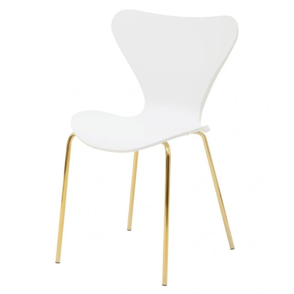 Luxe White Plastic Moulded Dining Chair With Gold Metal Legs