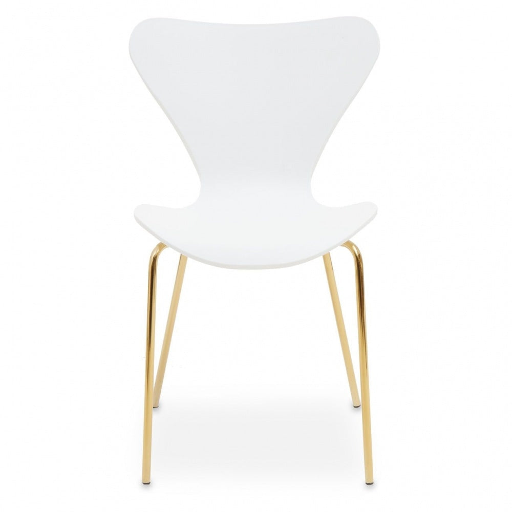 Luxe White Plastic Moulded Dining Chair With Gold Metal Legs