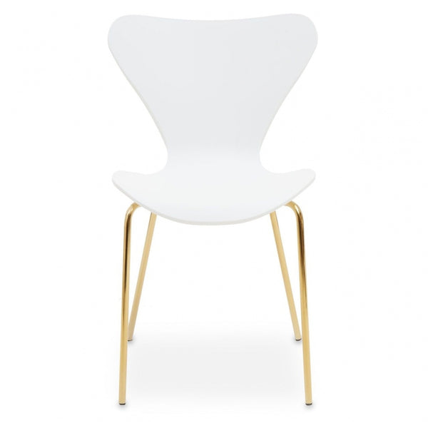 Luxe White Plastic Moulded Dining Chair With Gold Metal Legs
