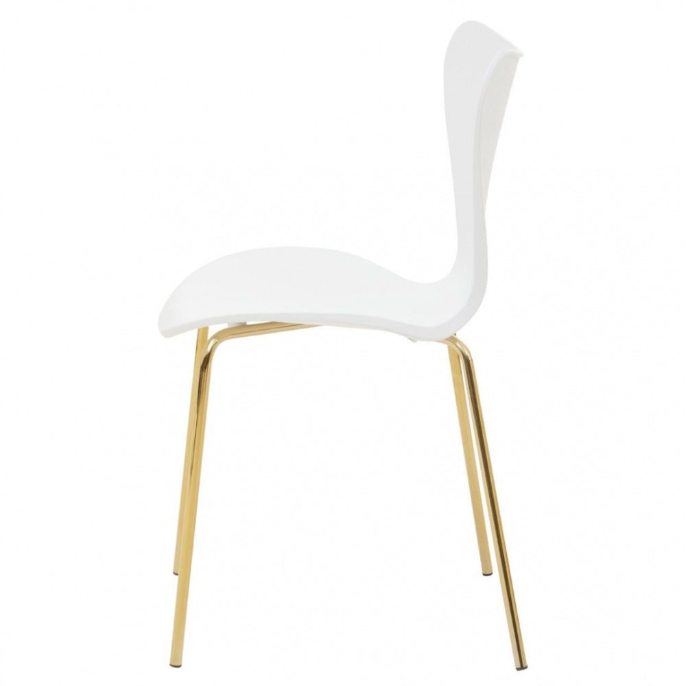 Luxe White Plastic Moulded Dining Chair With Gold Metal Legs