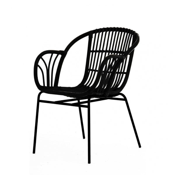 Black Natural Rattan Armchair With Black Iron Legs