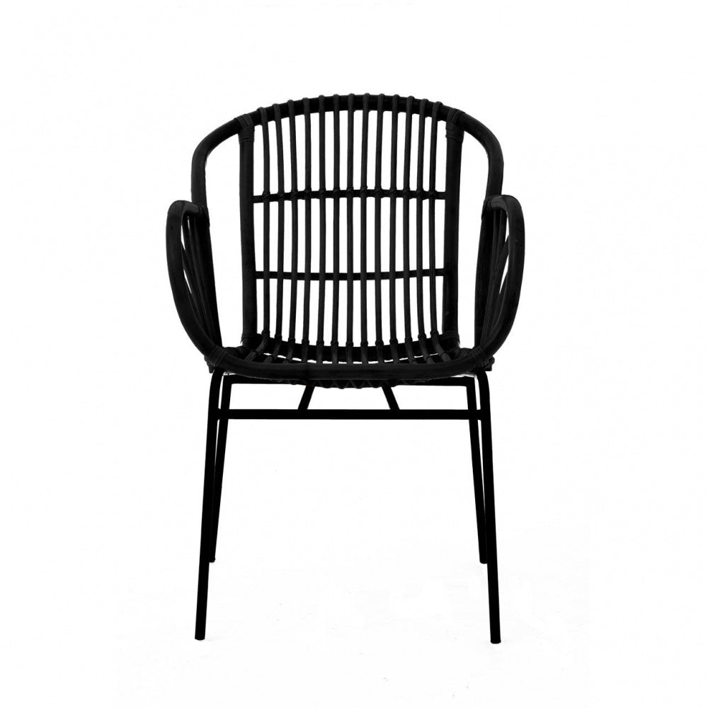 Black Natural Rattan Armchair With Black Iron Legs
