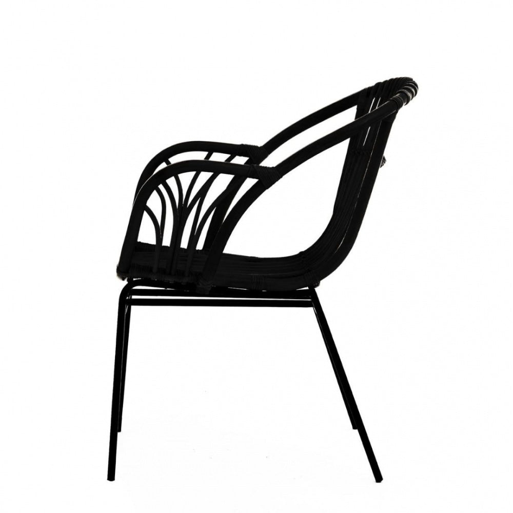 Black Natural Rattan Armchair With Black Iron Legs