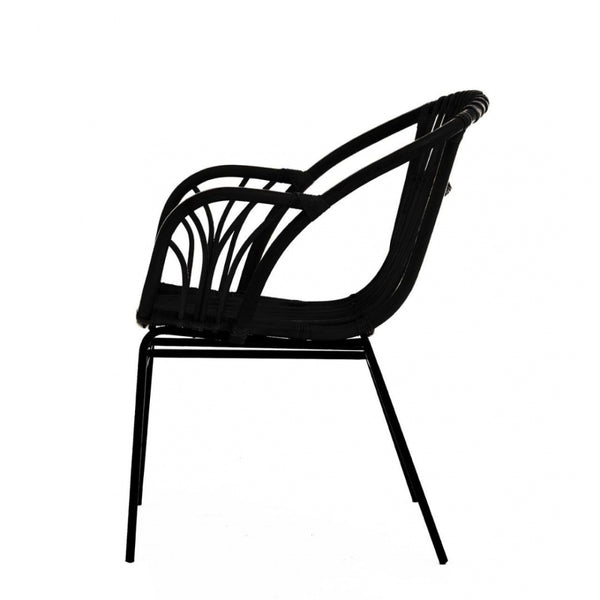 Black Natural Rattan Armchair With Black Iron Legs