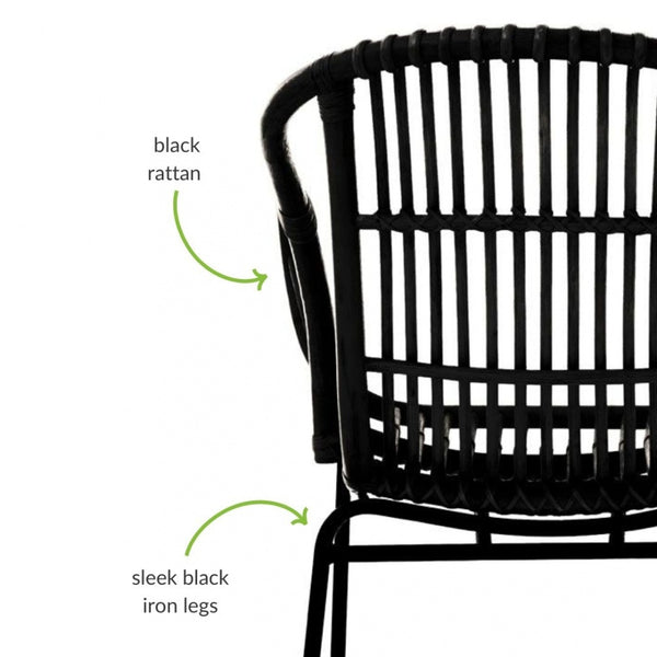 Black Natural Rattan Armchair With Black Iron Legs