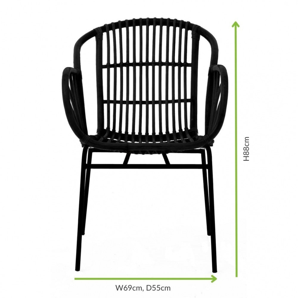 Black Natural Rattan Armchair With Black Iron Legs