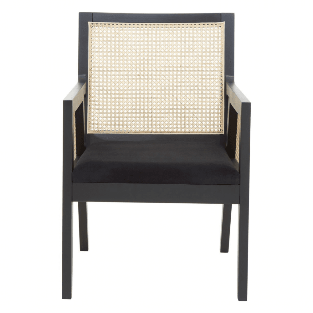 Eco-Friendly Cane Rattan And Velvet Black Armchair