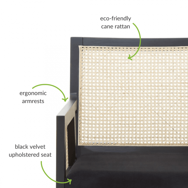 Eco-Friendly Cane Rattan And Velvet Black Armchair