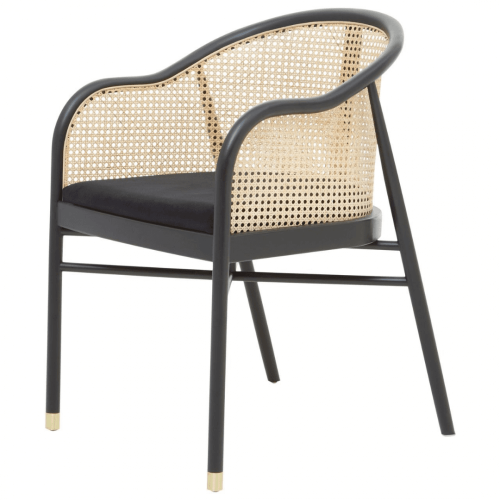 OUTLET Eco-Friendly Rattan And Velvet Black Armchair With Gold Tip Legs
