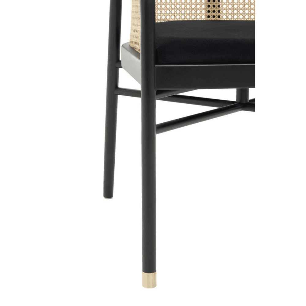 OUTLET Eco-Friendly Rattan And Velvet Black Armchair With Gold Tip Legs