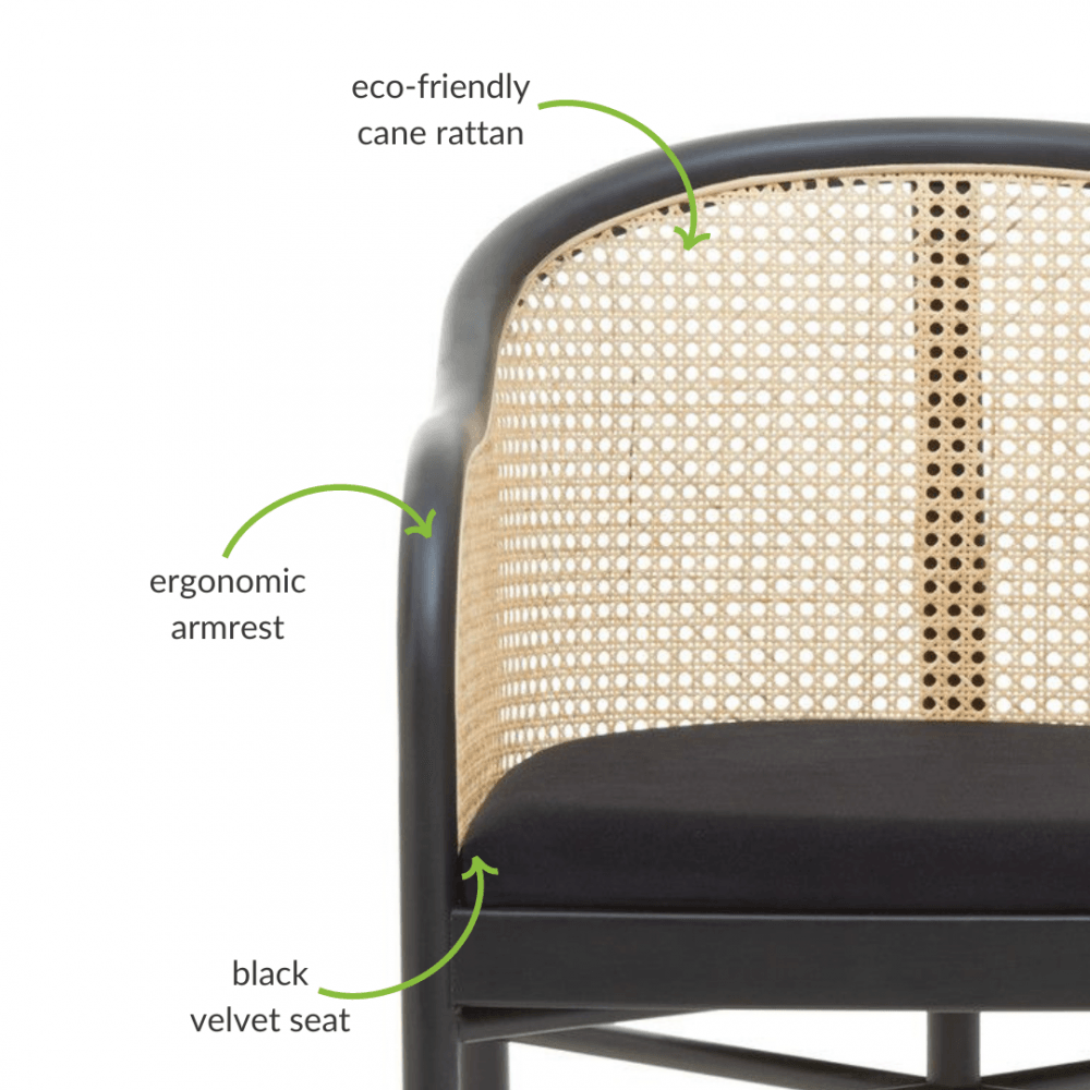 OUTLET Eco-Friendly Rattan And Velvet Black Armchair With Gold Tip Legs