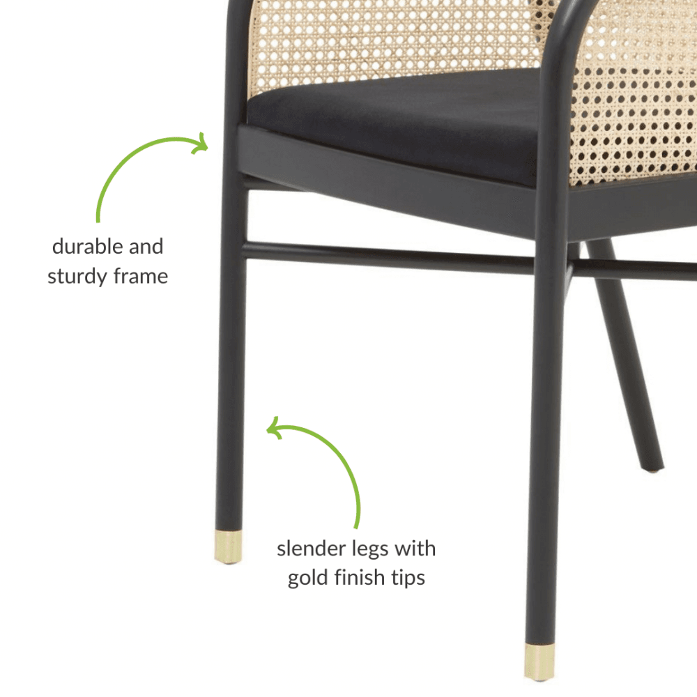 OUTLET Eco-Friendly Rattan And Velvet Black Armchair With Gold Tip Legs