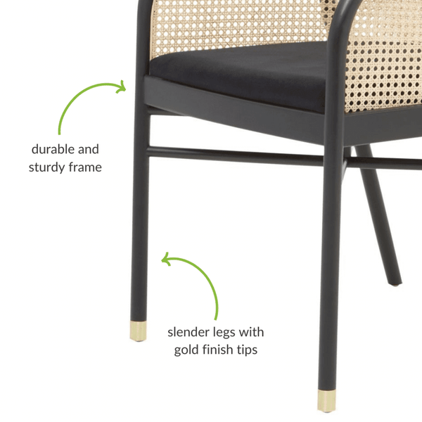 OUTLET Eco-Friendly Rattan And Velvet Black Armchair With Gold Tip Legs