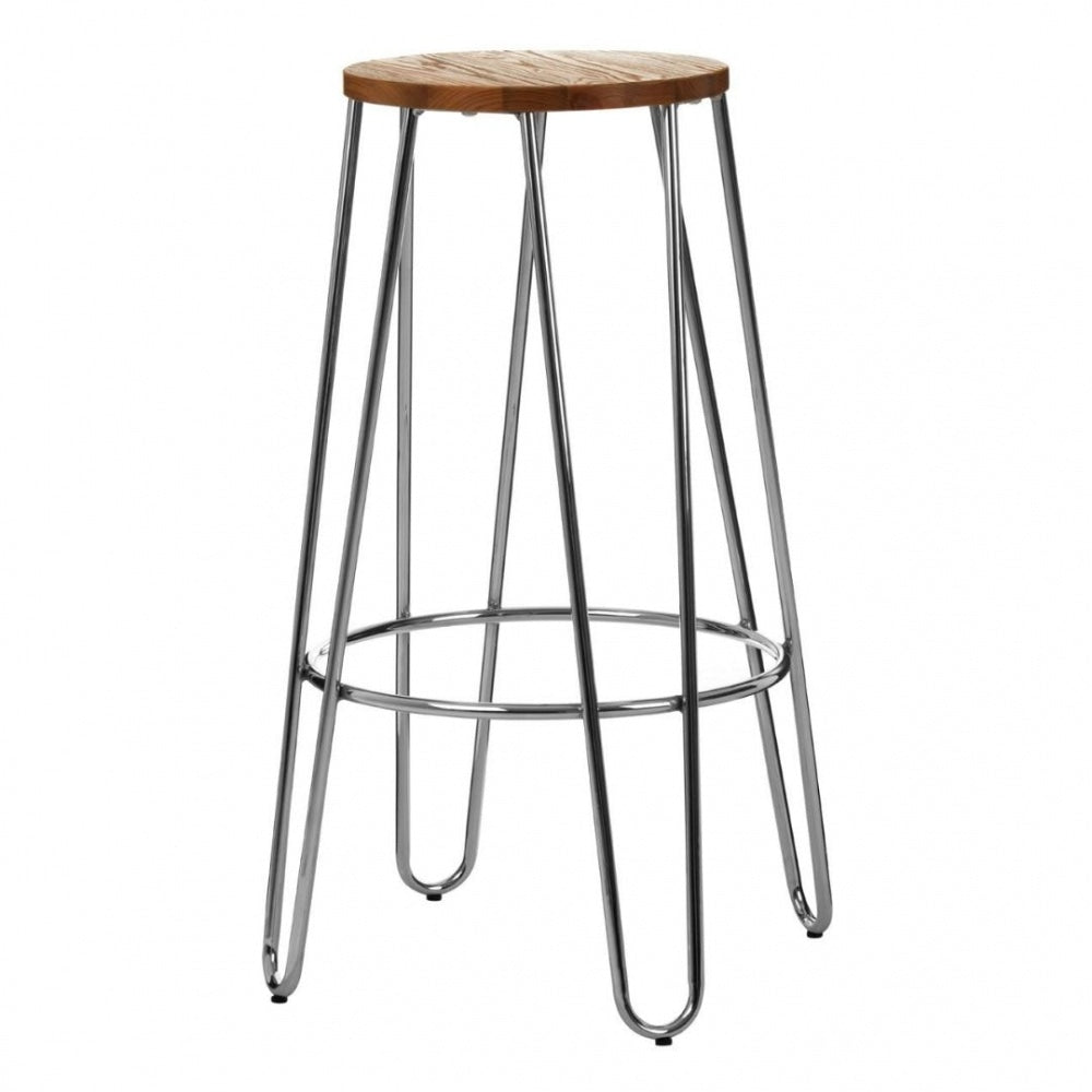 Industrial Elm Wood Barstool With Chrome Hairpin Legs