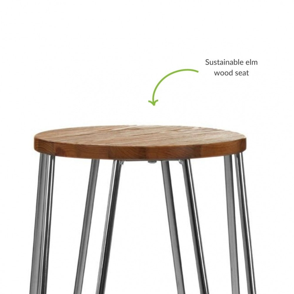 Industrial Elm Wood Barstool With Chrome Hairpin Legs