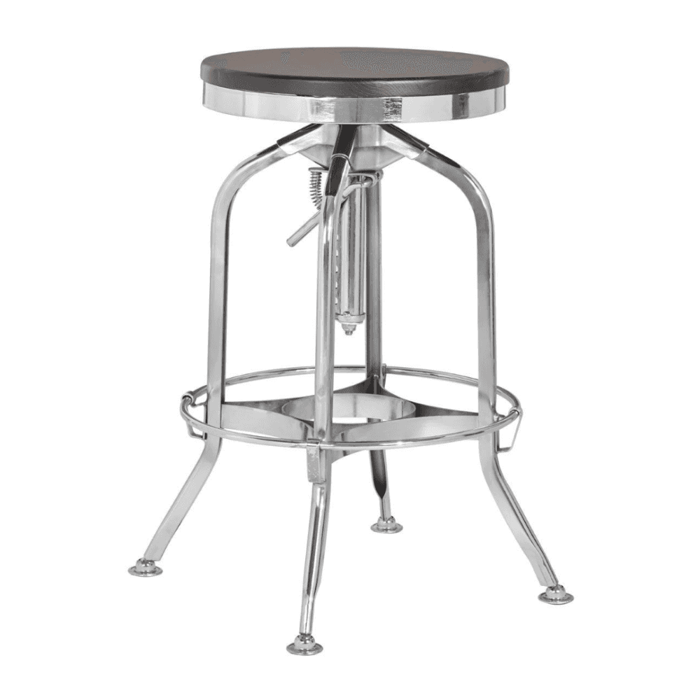 Industrial Black Ash Wood and Silver Chrome Metal Adjustable Barstool
