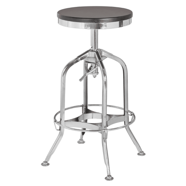 Industrial Black Ash Wood and Silver Chrome Metal Adjustable Barstool