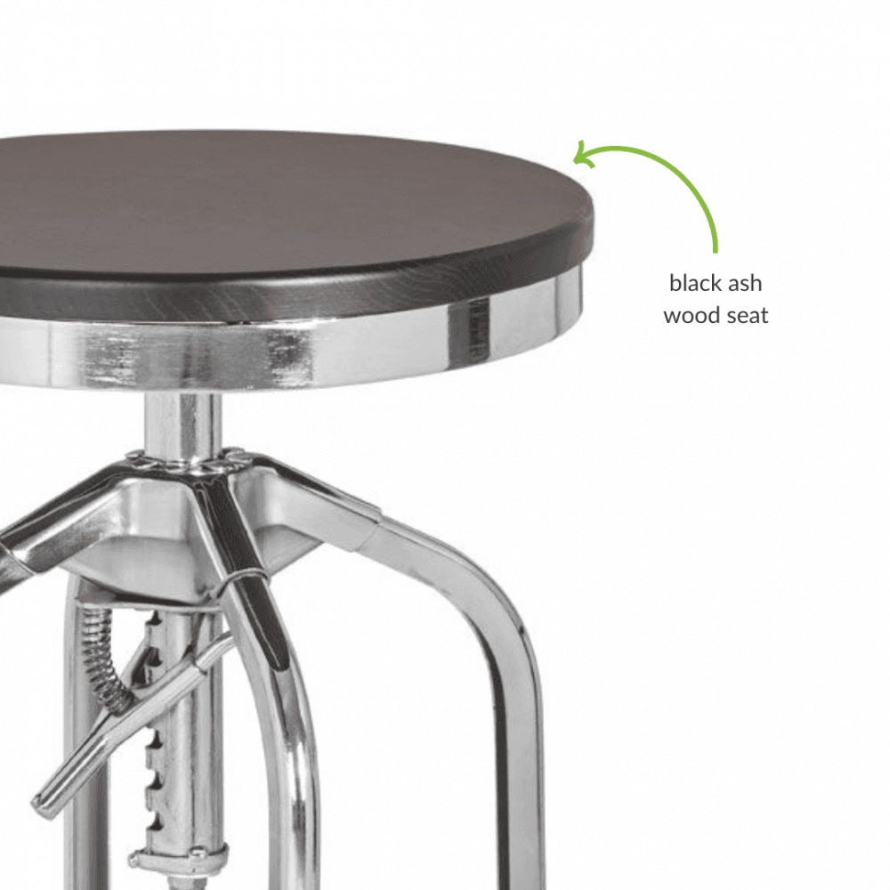Industrial Black Ash Wood and Silver Chrome Metal Adjustable Barstool