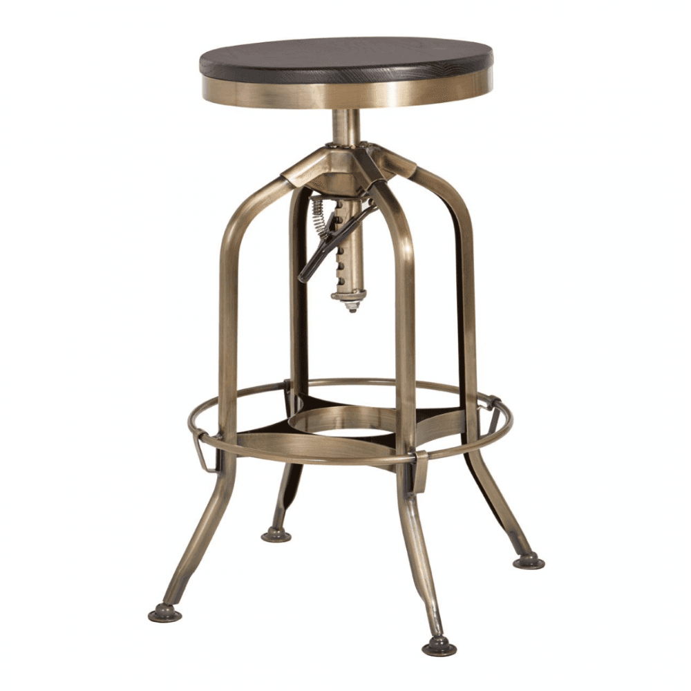 Industrial Black Ash Wood and Gold Brass Metal Adjustable Barstool