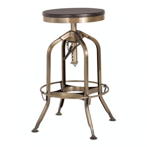 Industrial Black Ash Wood and Gold Brass Metal Adjustable Barstool