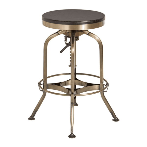 Industrial Black Ash Wood and Gold Brass Metal Adjustable Barstool