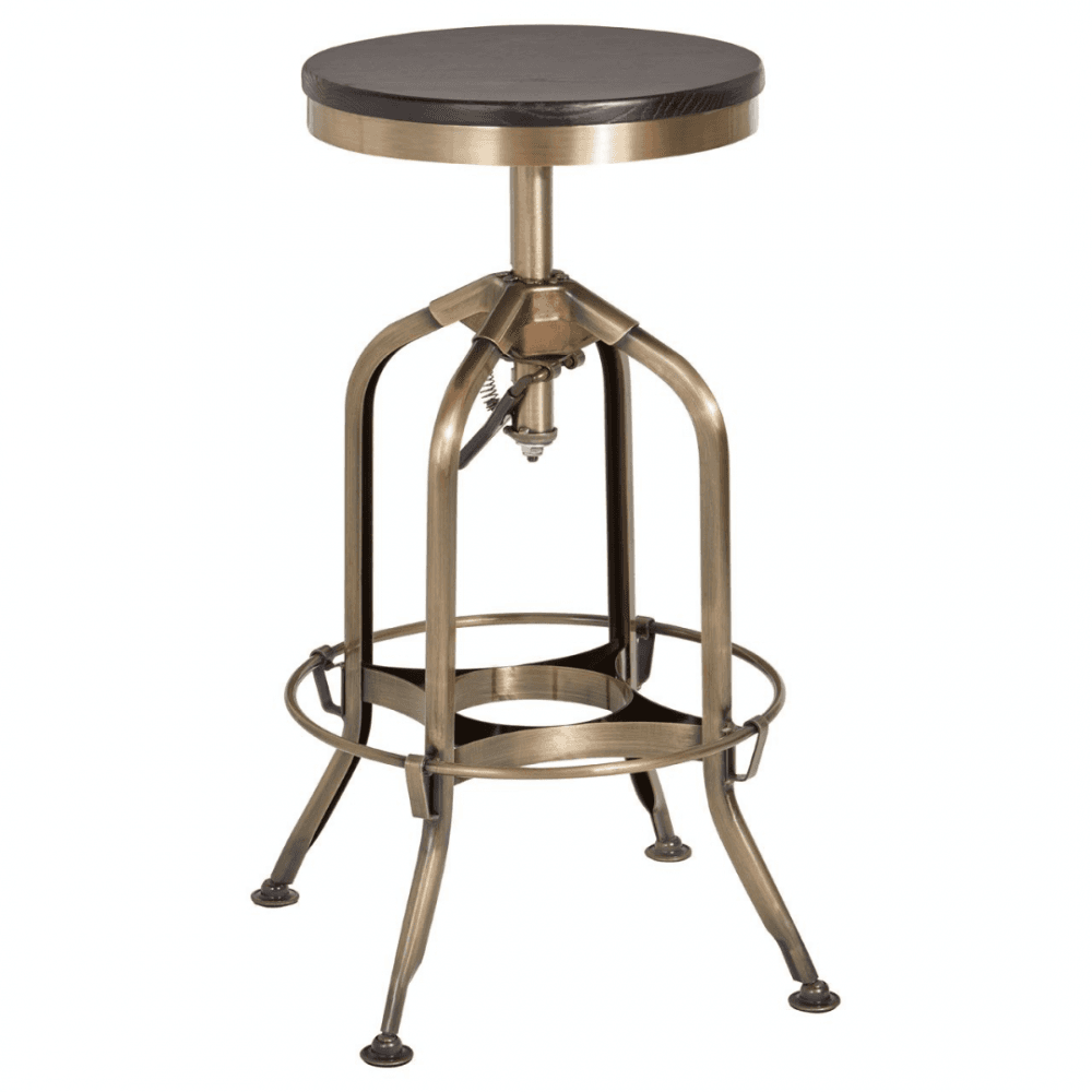 Industrial Black Ash Wood and Gold Brass Metal Adjustable Barstool